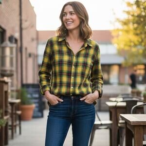 CP Shades Women's Button up Flannel Shirt Yellow Green Plaid Cotton Size Medium